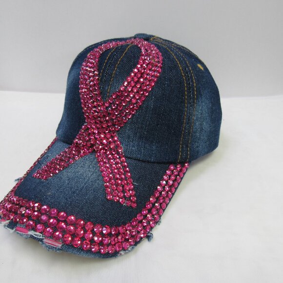 Denim Vintage Style Baseball Hat Bling Rhinestone Pink Ribbon Breast Cancer - Picture 2 of 3